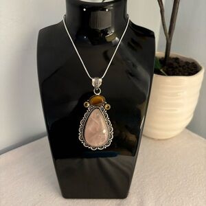 Sterling Silver Pendent Necklace Rose Quartz with Tigers Eye and Citrine